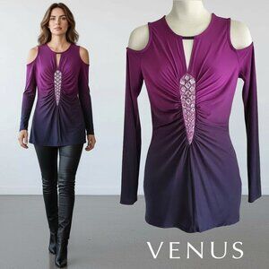 NWT VENUS Blingy Jeweled Ruched Sexy Dressy Top Ombre Cold Shoulder S